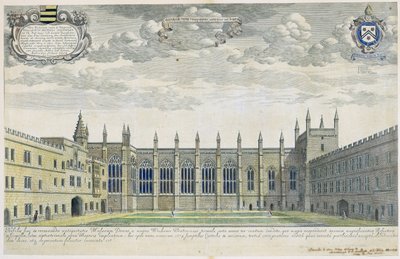 Collegium Novum : vue élevée de la cour avant du New College depuis le sud, 1675 (gravure avec coloration ultérieure) - David Loggan